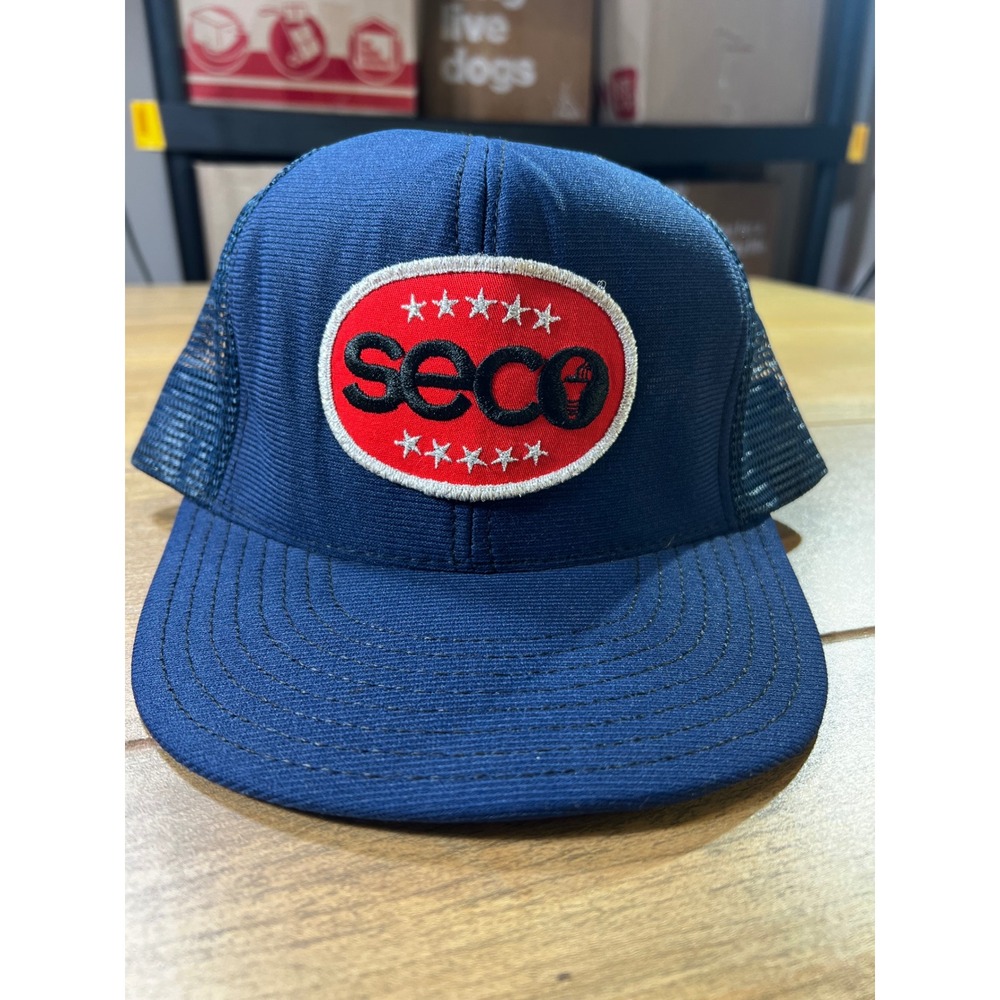SECO‎ Embroidered Logo Trucker Hat Navy Blue Mesh Snapback Made in USA vintage